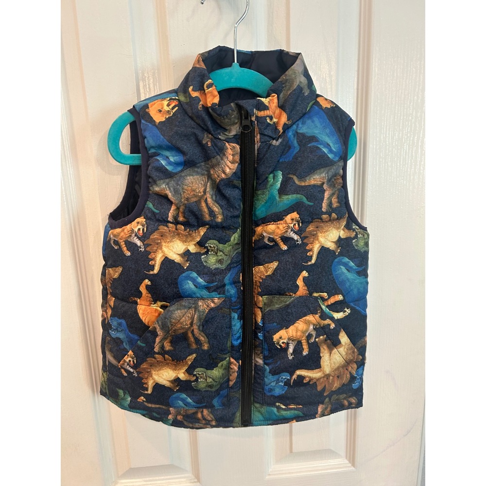 MoMoLand Puffer Vest Blue Dinosaur Tiger Print Zip Up Quilted Sleeveless Jacket